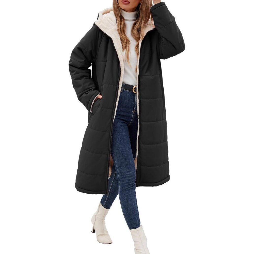 Long Womens Winter Coat Fleece Lined Coats Sherpa Quilted Puffer Jackets With Ho